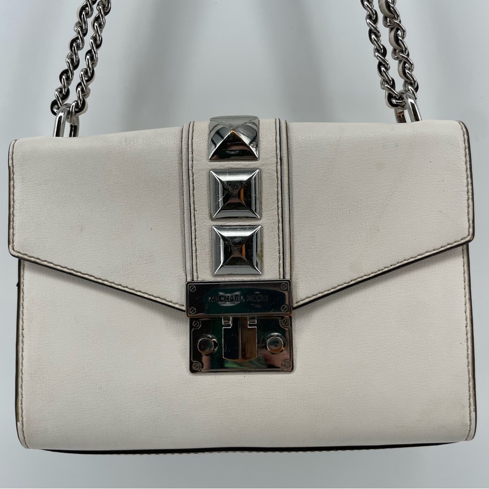 Michael Kors Rose Medium Flap Shoulder Bag White Leather Studded - Picture 2 of 15